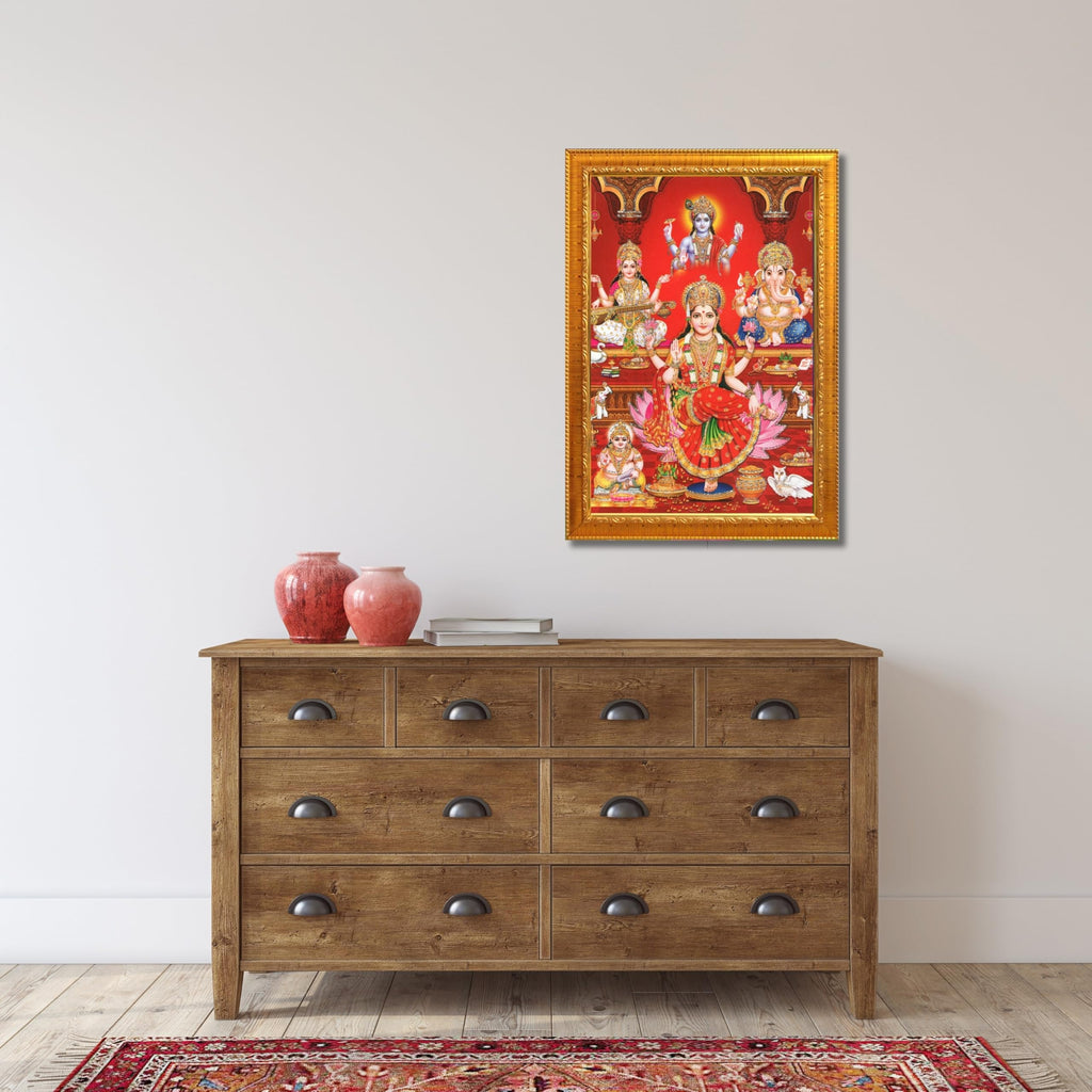 CRAFT QUEST Lakshmi Devi Ganesha Saraswati Ganesh ji Hanging Wall Painting Framed Home and Pooja Decor Hindu Bhagwan Devi Devta Photo Frame
