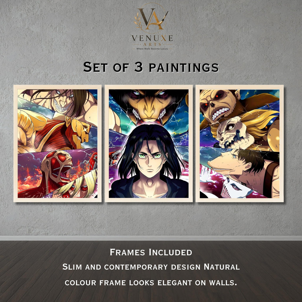 VENUXE ARTS Set Of 3 Anime Characters Wall Framed |Anime Characters Framed Poster for Living Room Bedroom Gaming Room Studio Wall Decor