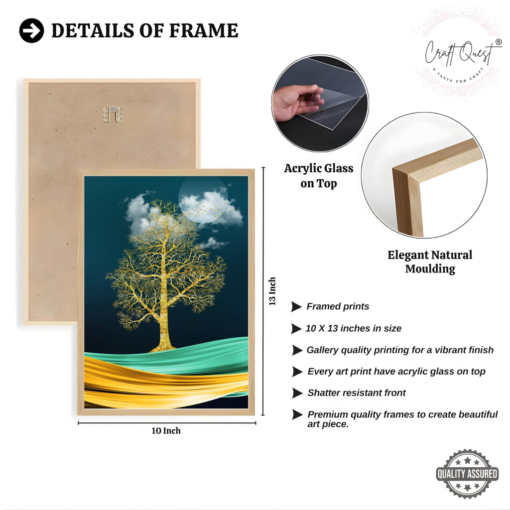 CRAFT QUEST Modern Art Mural With Golden Tree & Birds Wall Art | Set of 3 Frames for Home Decoration | Ideal for Living Room, Bedroom & Offices