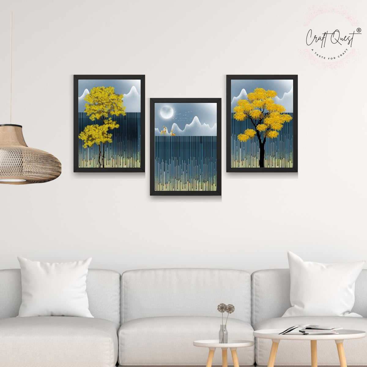 CRAFT QUEST Modern Abstract Blue Landscape Art | Set of 3 Frames for Home Decoration | Ideal for Living Room, Bedroom & Offices