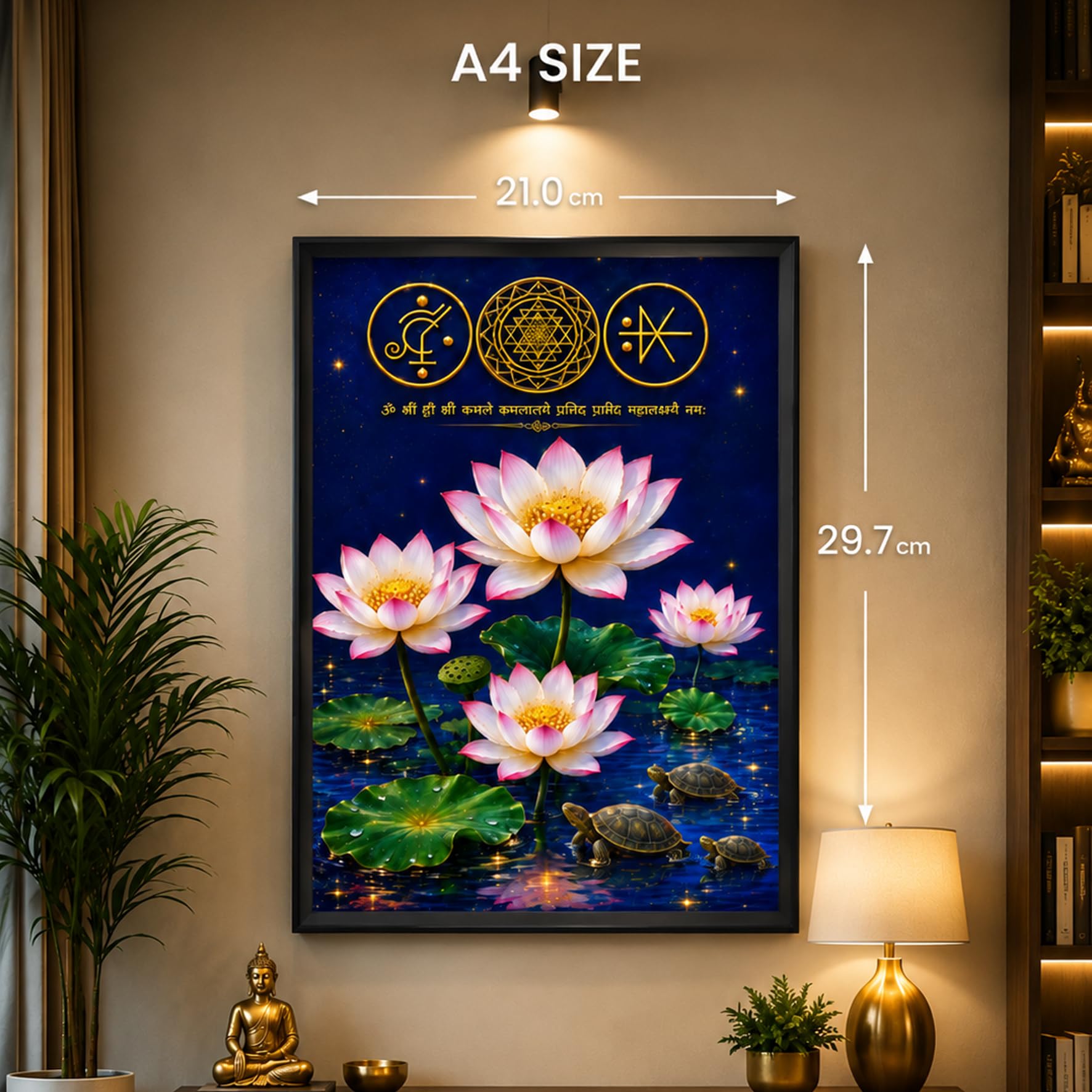 White lotus painting for wall vastu with Shree Yantra and tortoise Vastu Frame for Prosperity, Money Flow & Stability Photo Frame for Home, Office Size 8.3 * 11.9 Inch
