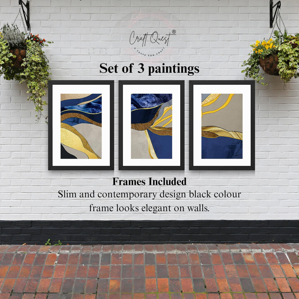 CRAFT QUEST Abstract Blue & Gold Artwork | Set of 3 Frames for Home Decoration | Ideal for Living Room, Bedroom & Offices
