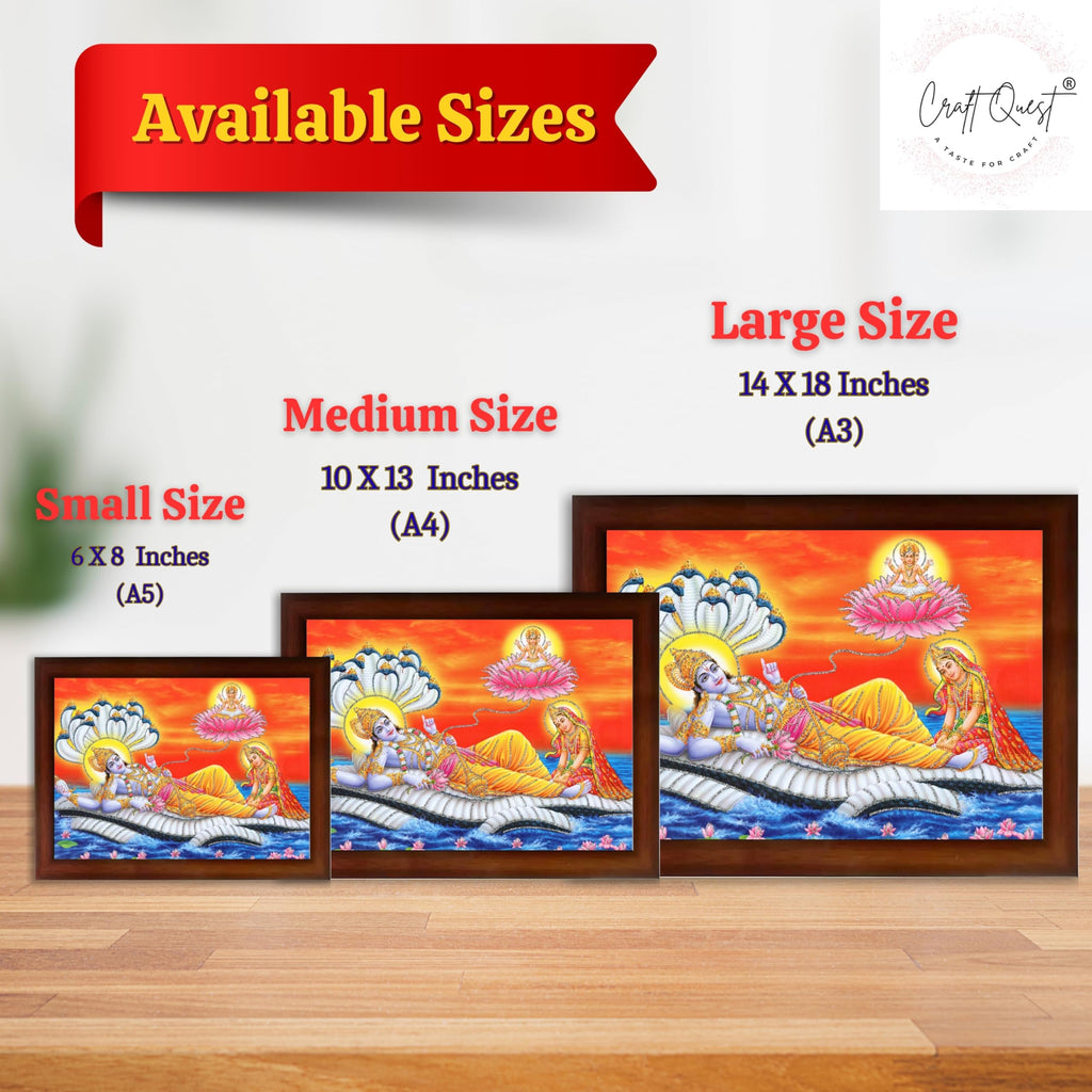 CRAFT QUEST Lord Vishnu and Goddess Lakshmi Giving Blessing on Shesh naag, landscape Glitter Work Painting Synthetic Wood Frame