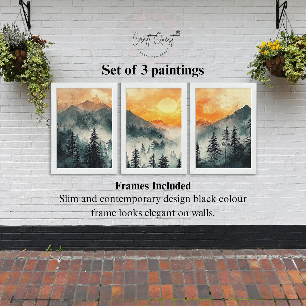 CRAFT QUEST Nature Inspired Paintings With Trees & Mountains Wall Art | Set of 3 Frames for Home Decoration | Ideal for Living Room, Bedroom & Office