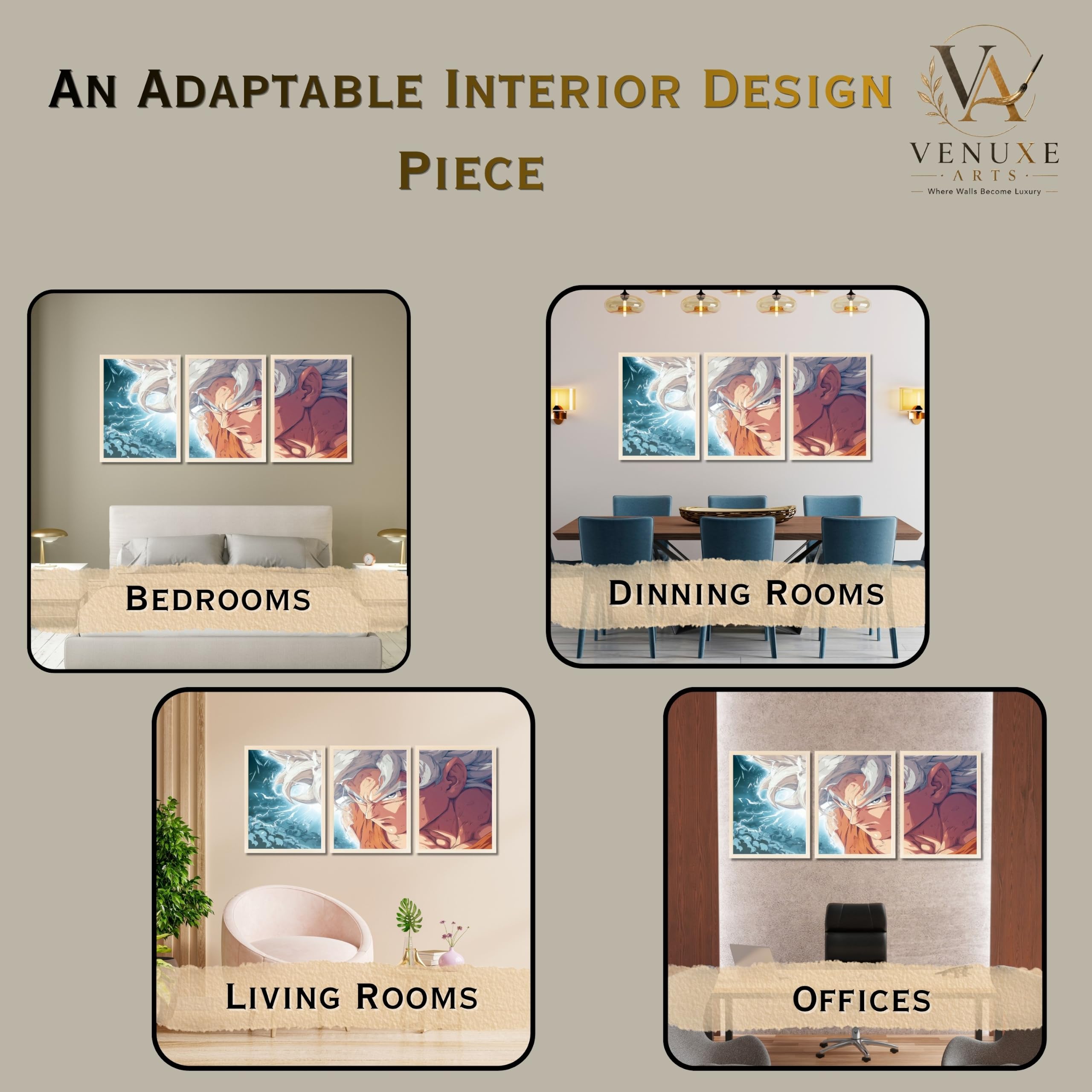 VENUXE ARTS Set Of 3 Anime Characters Wall Framed |Anime Characters Framed Poster for Living Room Bedroom Gaming Room Studio Wall Decor