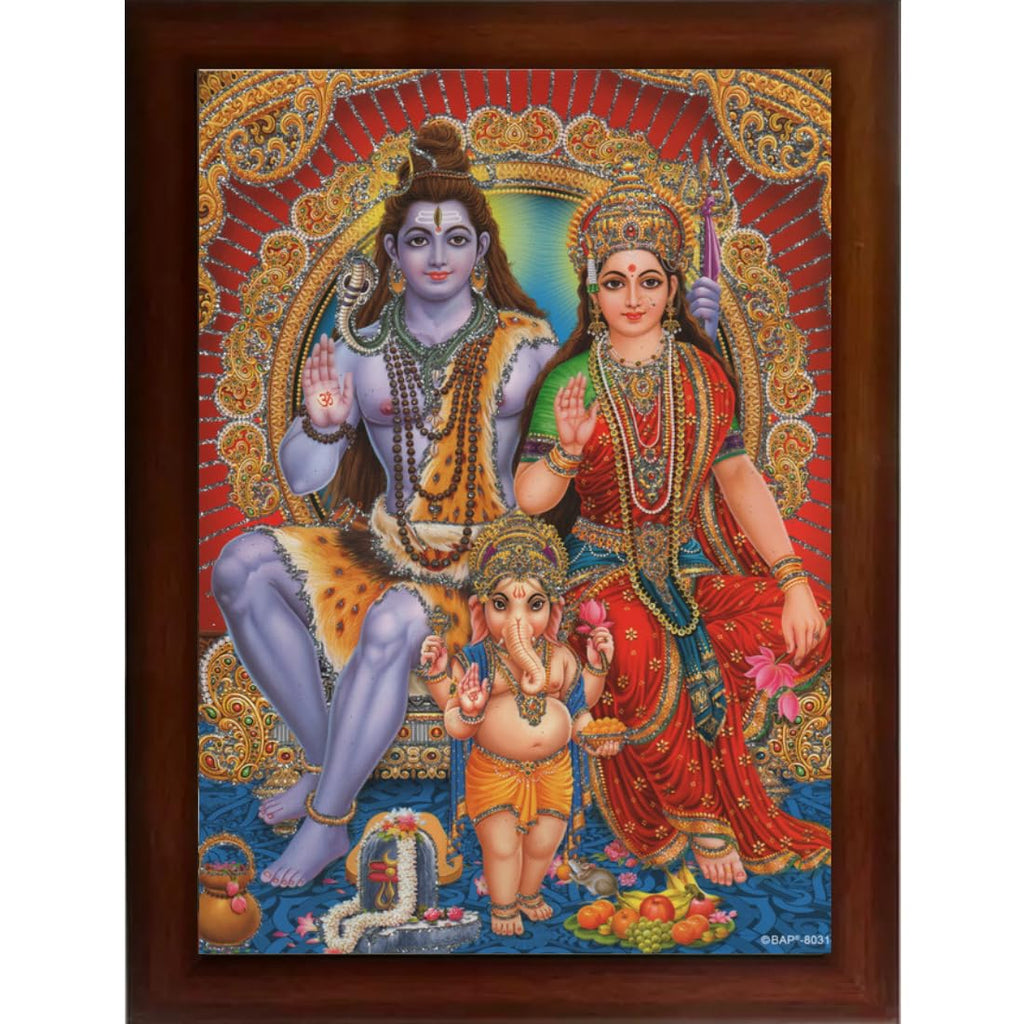 Craft Quest Shiv Parivar | Shiv Parvati (Shiv Shankar, Maa Parvati, Ganesh and Kartikey) Religious Synthetic Photo Frame Sparkle Coated for Home Decorative Items (10 X 14 inch, Brown, Large)