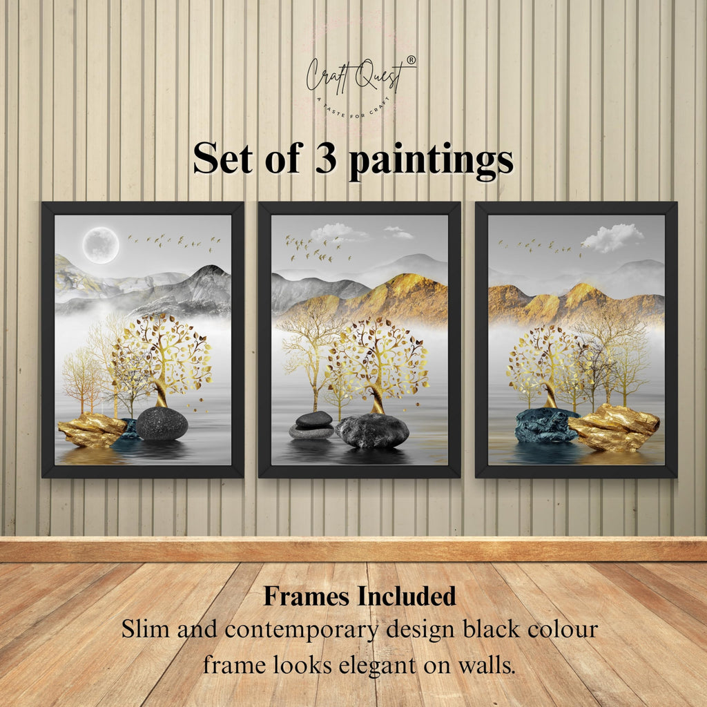 CRAFT QUEST Modern Art Landscape Golden Tree,Birds & Mountains Wall Art | Set of 3 Frames for Home Decoration | Ideal for Living Room, Bedroom & Offices