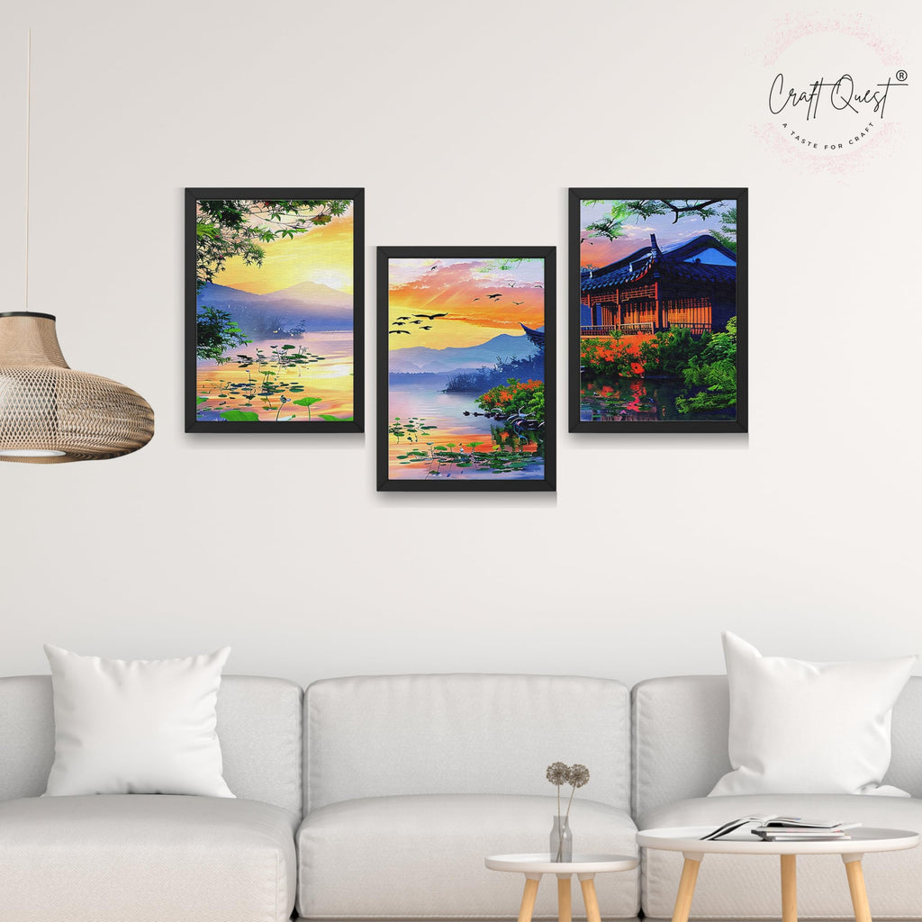 CRAFT QUEST Modern Art Of Sunset Wall Art | Set of 3 Frames for Home Decoration | Ideal for Living Room, Bedroom & Offices