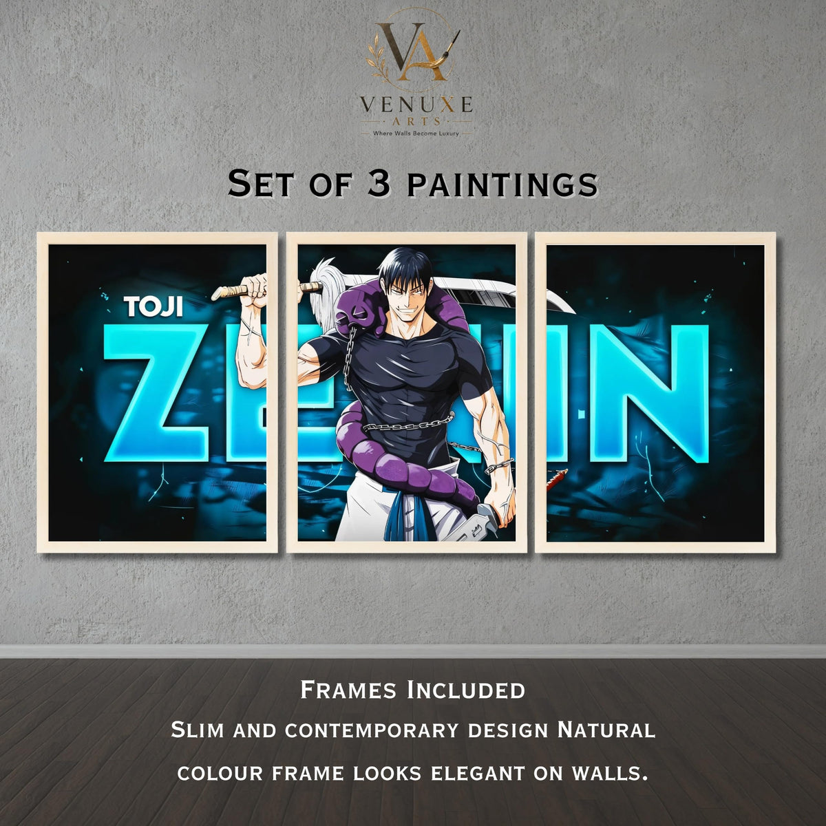 VENUXE ARTS Set Of 3 Anime Characters Wall Framed |Anime Characters Framed Poster for Living Room Bedroom Gaming Room Studio Wall Decor