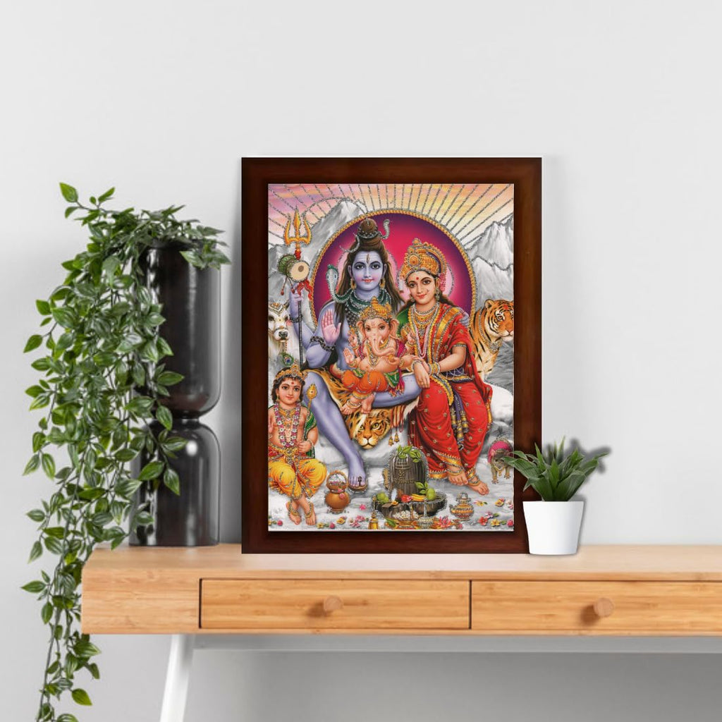 CRAFT QUEST Shiv Parivar (Shiv Shankar, Maa Parvati, Ganesh and Kartikey) Religious Synthetic Photo Frame Sparkle Coated for Pooja (10 X 13 inch, Multicolour)