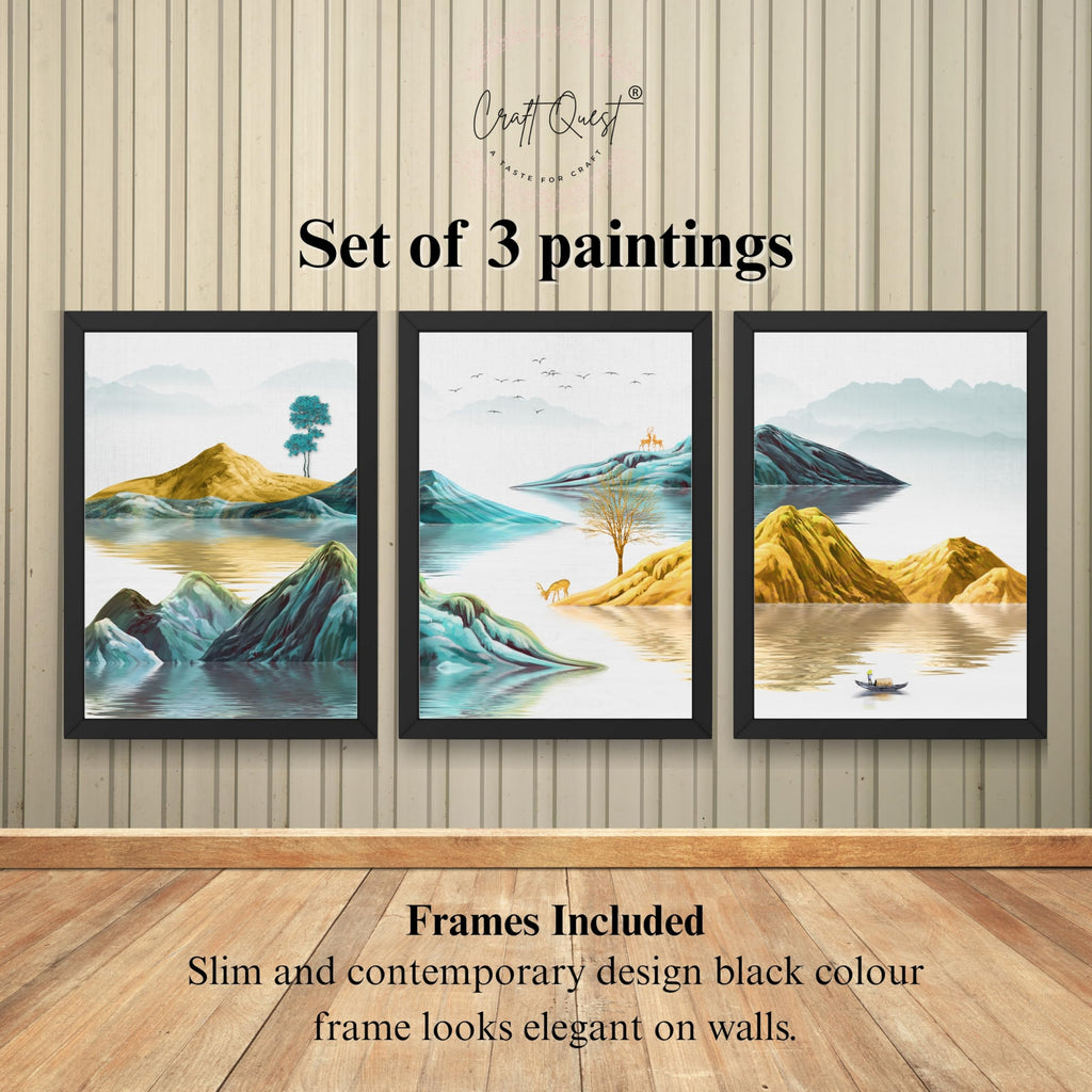 CRAFT QUEST Modern Art Abstract Geometric Gold Lines Wall Art | Set of 3 Frames for Home Decoration | Ideal for Living Room, Bedroom & Offices