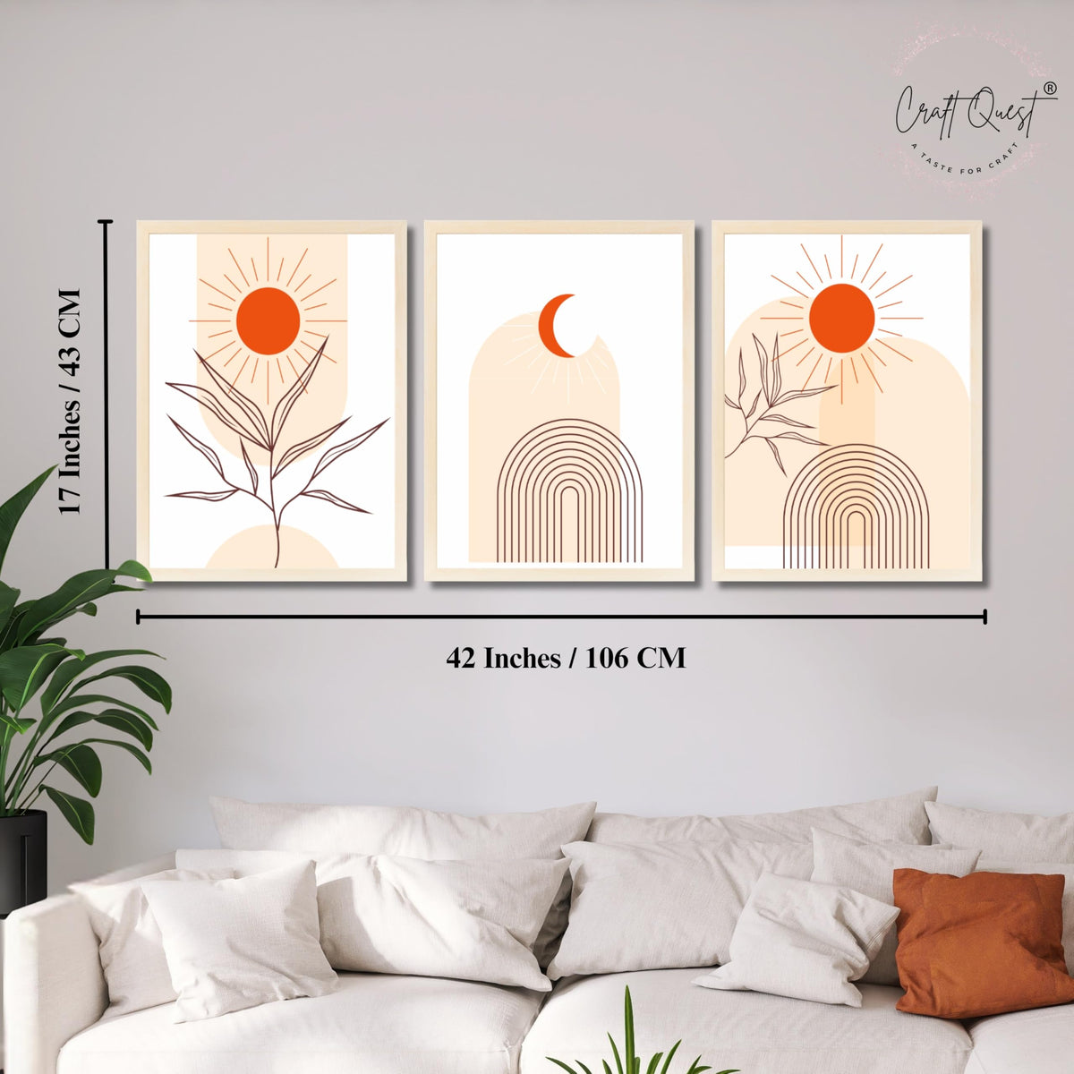CRAFT QUEST Wall Art Decor Paintings | Set of 3 BOHO Wall Art Frames for Home Decoration | Ideal for Living Room, Bedroom & Office