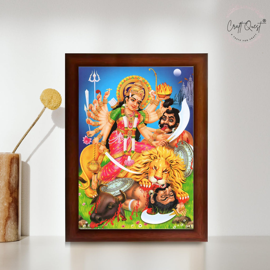 CRAFT QUEST Durga mata Mahishasura Mardini | Mahisasur Mardhini Durga Maa Wall Painting Framed, Religious Photo Frame With Acrylic Glass