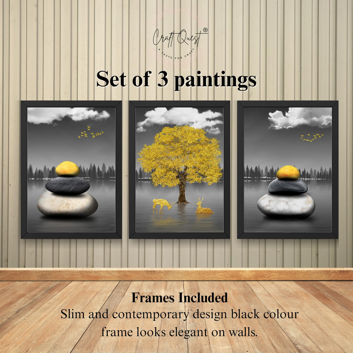 CRAFT QUEST Modern Art Geometric Landscapes Wall Art | Set of 3 Frames for Home Decoration | Ideal for Living Room, Bedroom & Offices