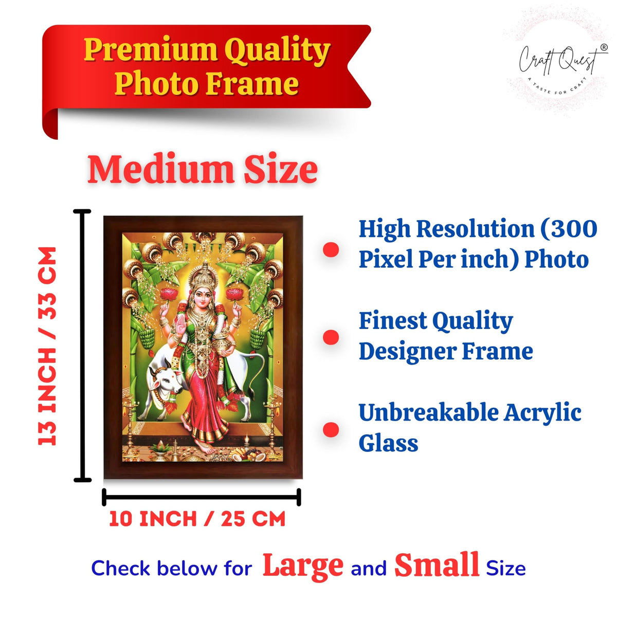 CRAFT QUEST Goddess Lakshmi Mata Vaibhav Laxmi Wall Painting Photo Framed | Acrylic Glass, Lightweight | Ideal for Home, Office, Temple & Puja Room, Wall Decor