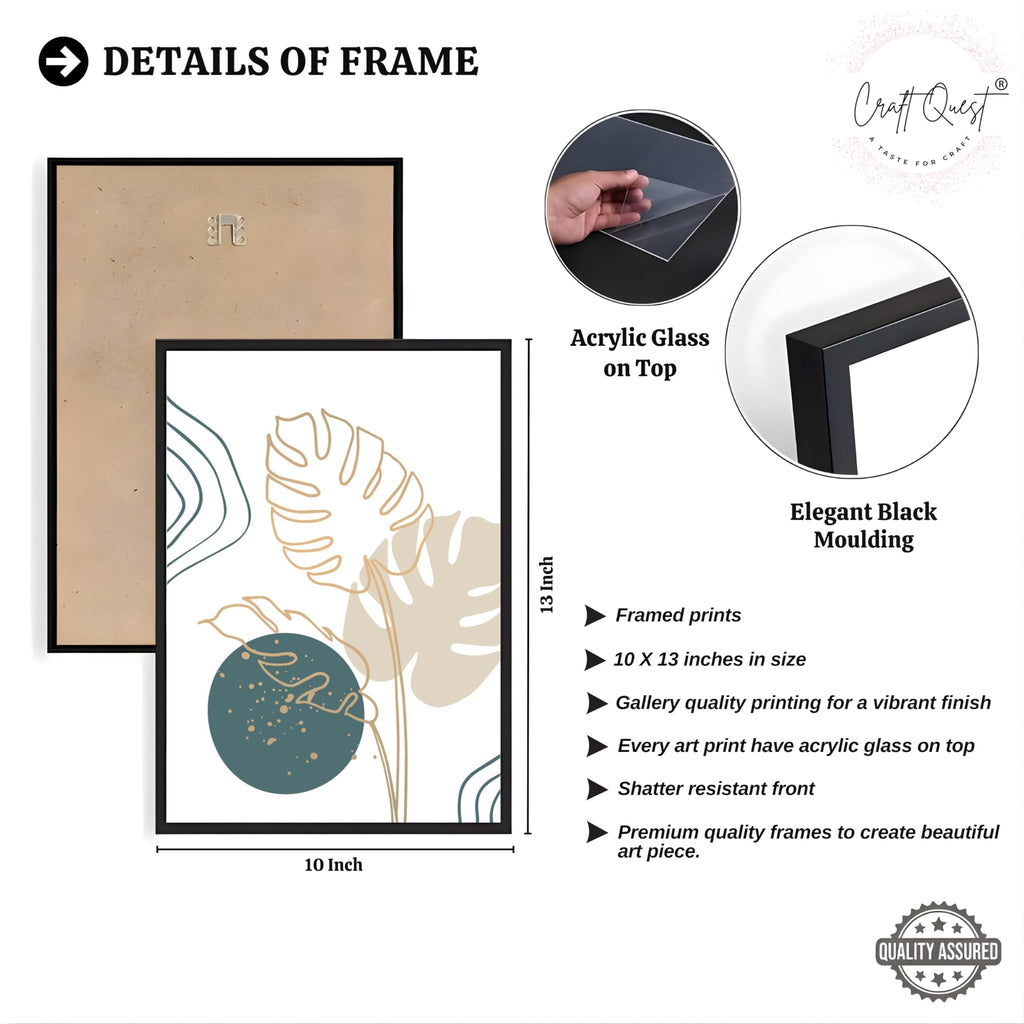 CRAFT QUEST Boho Leaf Artwork | Set of 3 Frames for Home Decoration | Ideal for Living Room, Bedroom & Offices