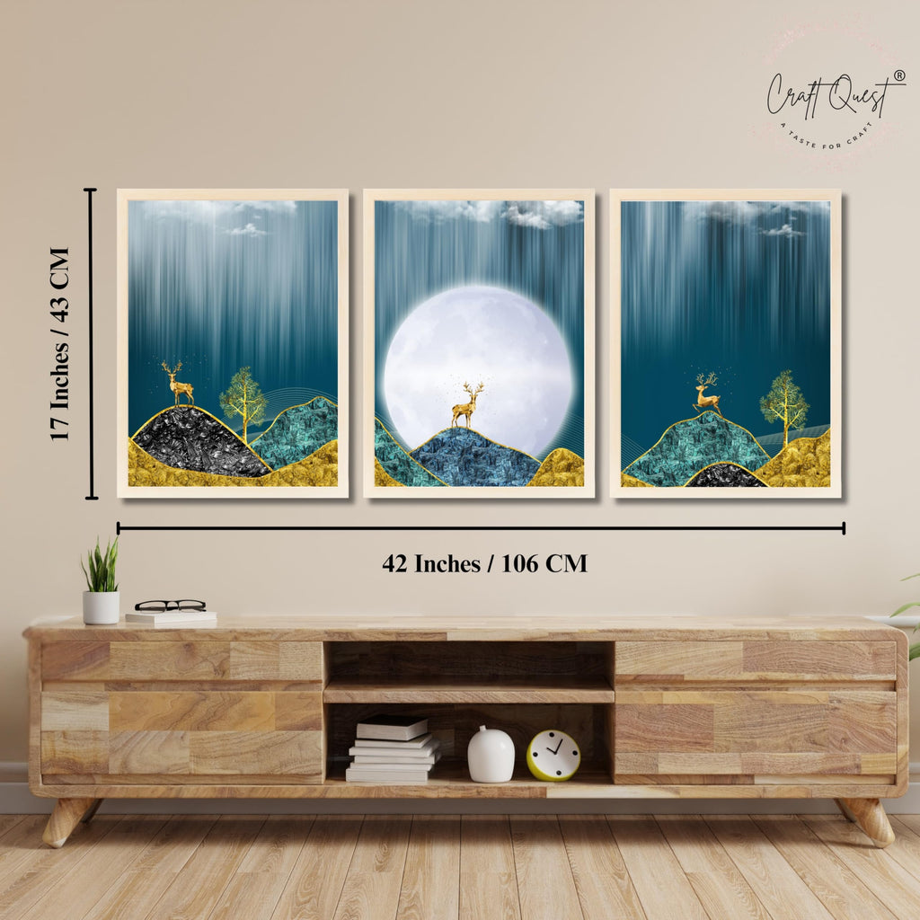 CRAFT QUEST Modern Art Landscape Of Moon & Golden Christmas Trees Wall Art | Set of 3 Frames for Home Decoration | Ideal for Living Room, Bedroom & Offices