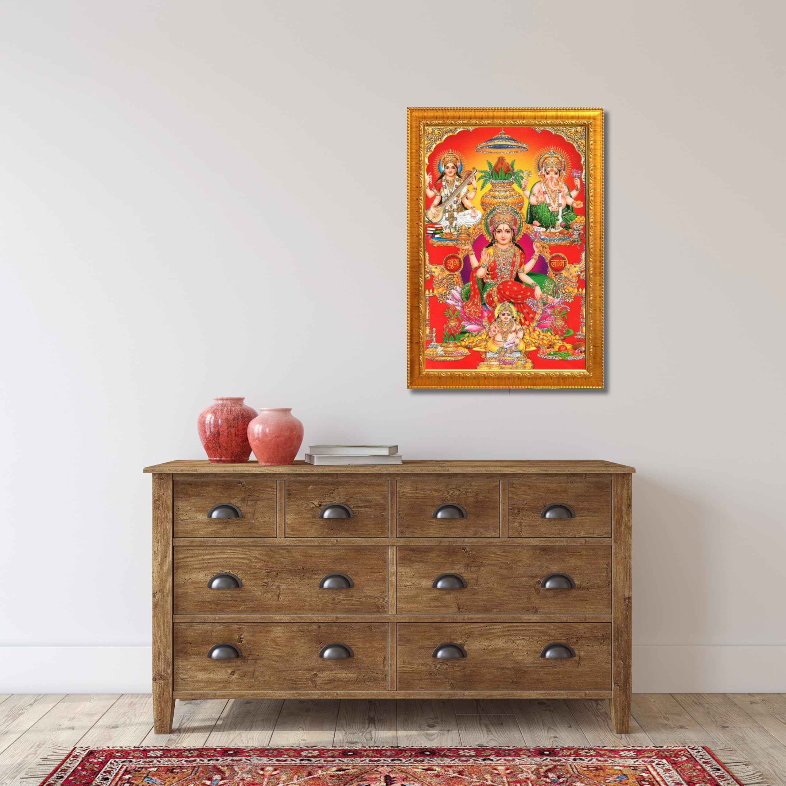 CRAFT QUEST Lord Laxmi Ganesh Saraswati Ji Religious Hindu Photo Frame for Wall, Table, Office, Temple, Pooja, Living Room and Home Decor Item