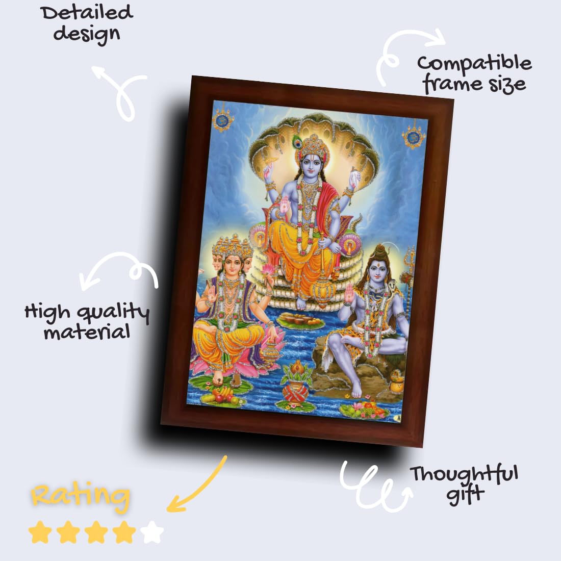 CRAFT QUEST Lord Brahma Vishnu and Mahesh Wall Art, HD Printed Religious & Decor Picture with Frame (14 x 10 Inches, Brown Wood)