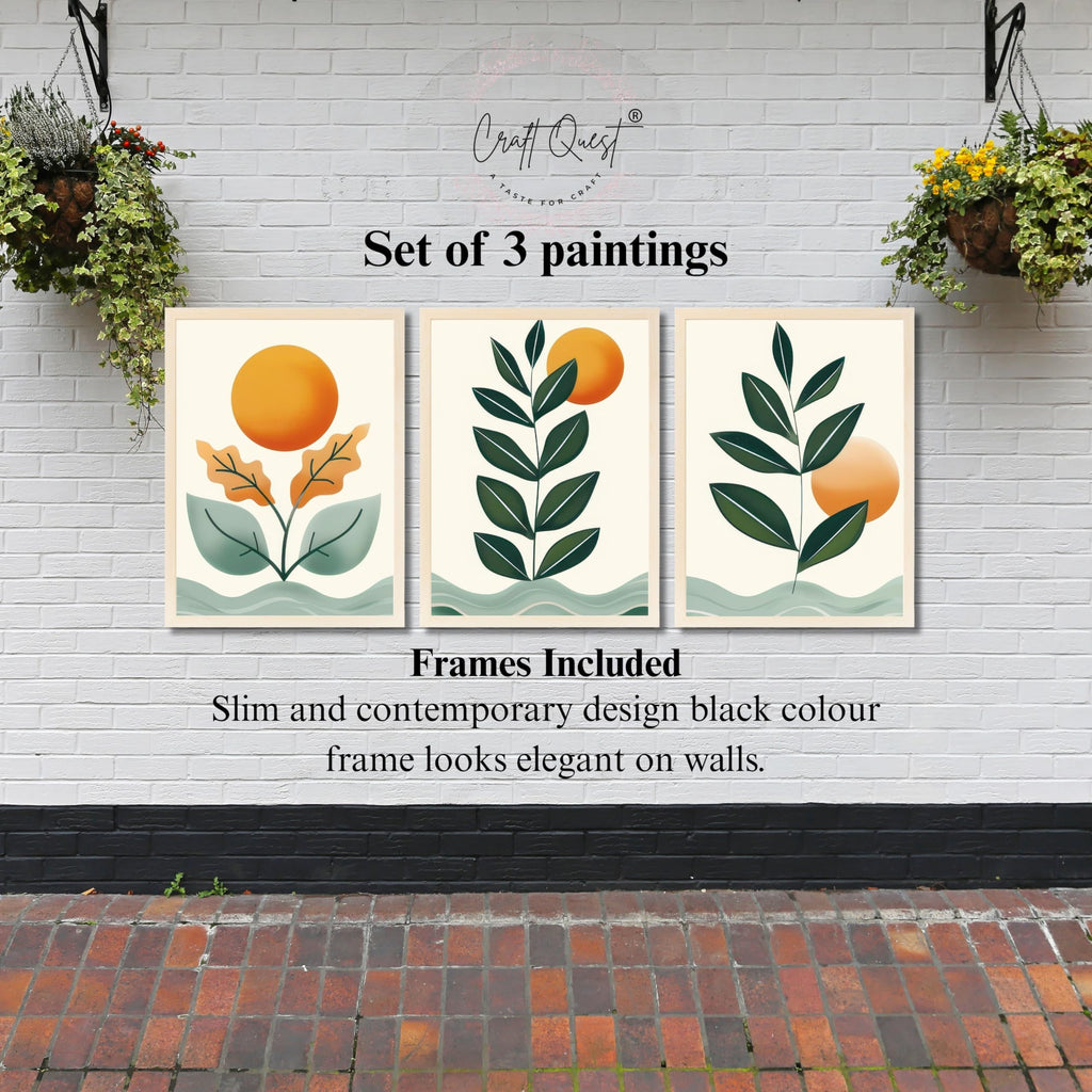 CRAFT QUEST Nature Inspired Sun & Moon Modern Boho Wall Art | Set of 3 Frames for Home Decoration | Ideal for Living Room, Bedroom & Offices