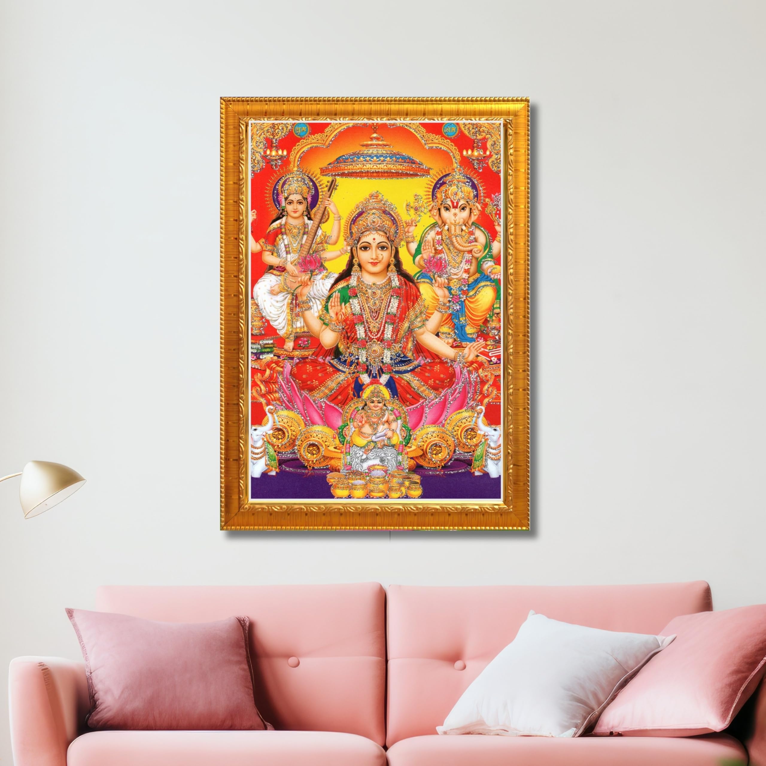 CRAFT QUEST Goddess Laxmi Ganesh Saraswati Religious God Hindu Photo Frame for Diwali,Temple, Pooja, Living Room Home and Decor Item