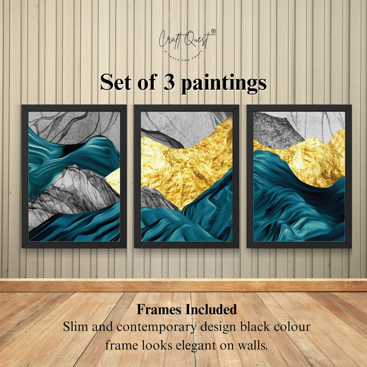 CRAFT QUEST Modern Art Abstract Golden Fashion Wall Art | Set of 3 Frames for Home Decoration | Ideal for Living Room, Bedroom & Offices