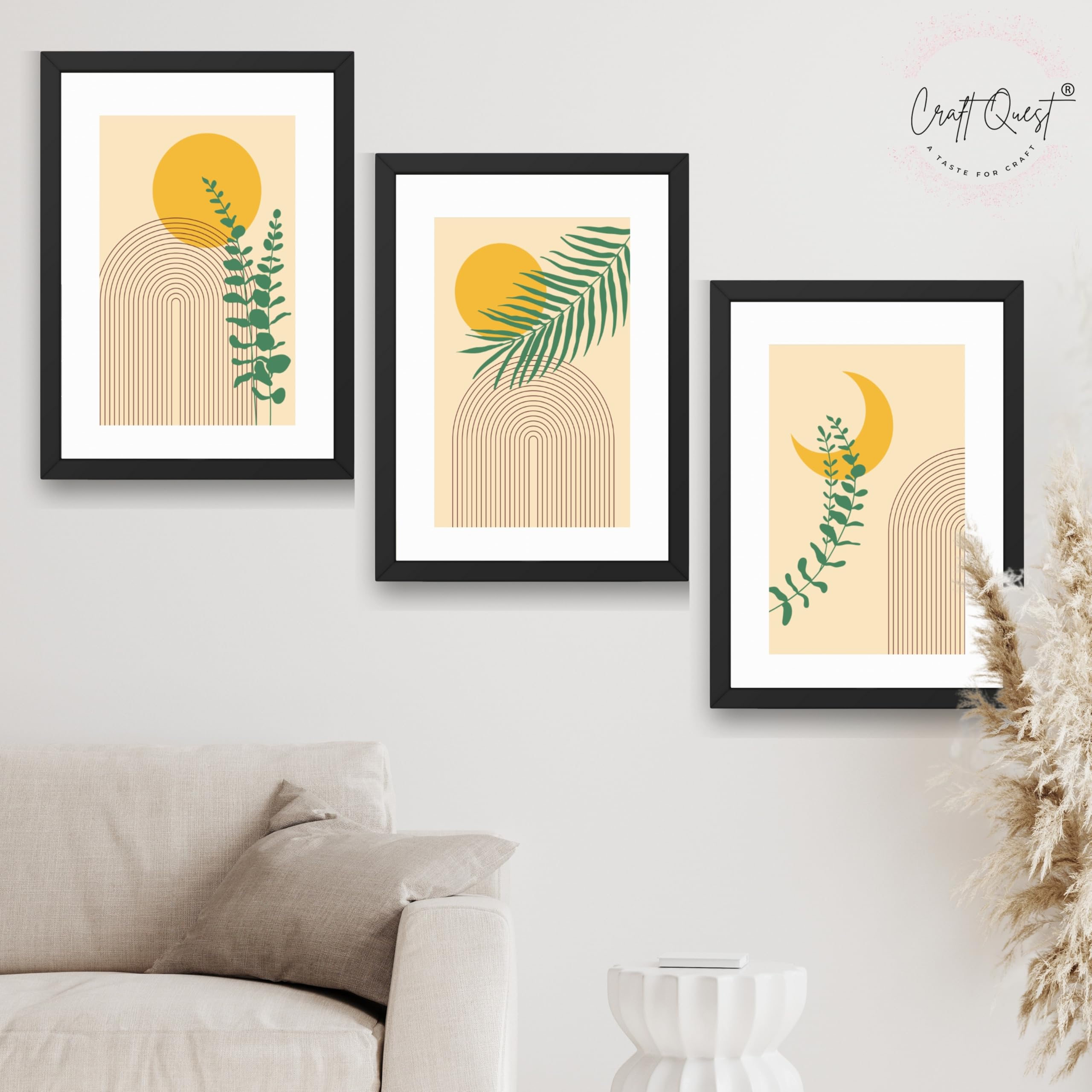 CRAFT QUEST Wall Art Decor Paintings | Set of 3 BOHO Wall Art Frames for Home Decoration | Ideal for Living Room, Bedroom & Office