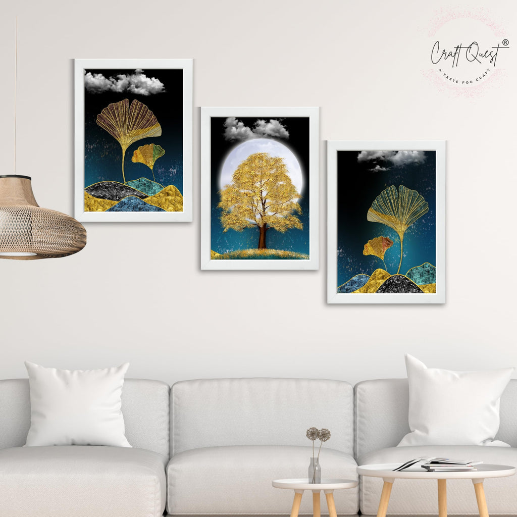CRAFT QUEST Modern Art Mural With Golden Christmas Trees Wall Art | Set of 3 Frames for Home Decoration | Ideal for Living Room, Bedroom & Offices