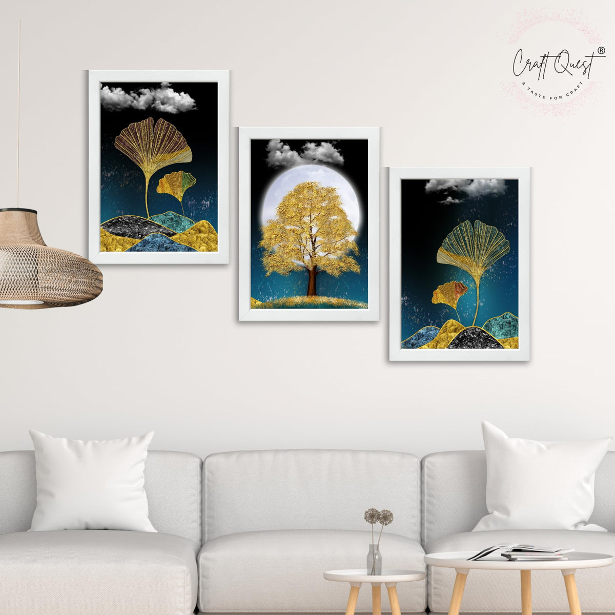 CRAFT QUEST Modern Art Mural With Golden Christmas Trees Wall Art | Set of 3 Frames for Home Decoration | Ideal for Living Room, Bedroom & Offices