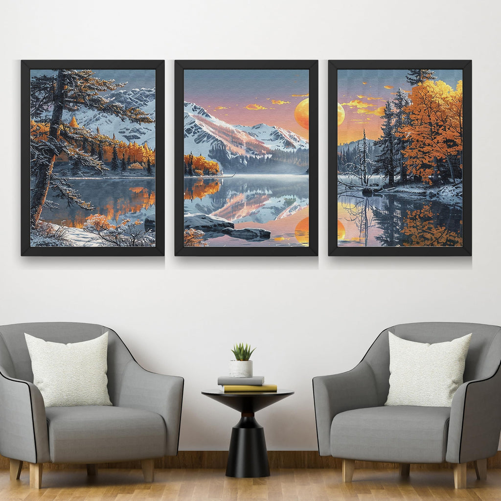 CRAFT QUEST Modern Art Paintings With Lake & Mountains Wall Art | Set of 3 Frames for Home Decoration | Ideal for Living Room, Bedroom & Offices