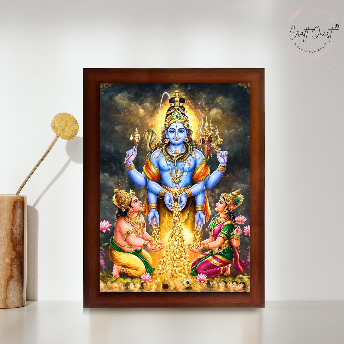 CRAFT QUEST Lord Swarnakarshana Bhairava Swamy With Lakshmi Devi and Kuber Bhagwan Religious Wall Photo Frame |Dhan Bhairav Frame for Home, Office, Temple & Gifting
