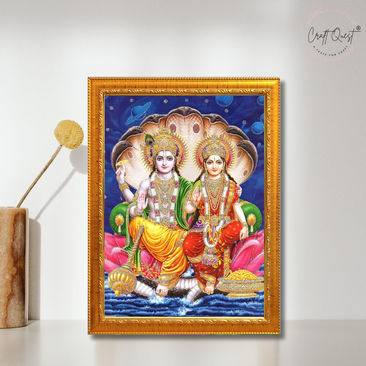 CRAFT QUEST Lord Vishnu and Goddess Lakshmi Giving Blessing on Shesh naag, Glitter Work Painting Synthetic Wood Frame