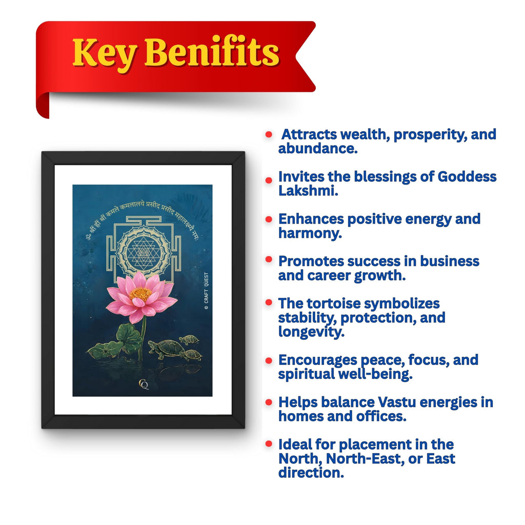 CRAFT QUEST White lotus painting for wall vastu with Shree Yantra and tortoise – Vastu Energy Poster for Prosperity, Money Flow & Stability Photo Frame for Home, Office