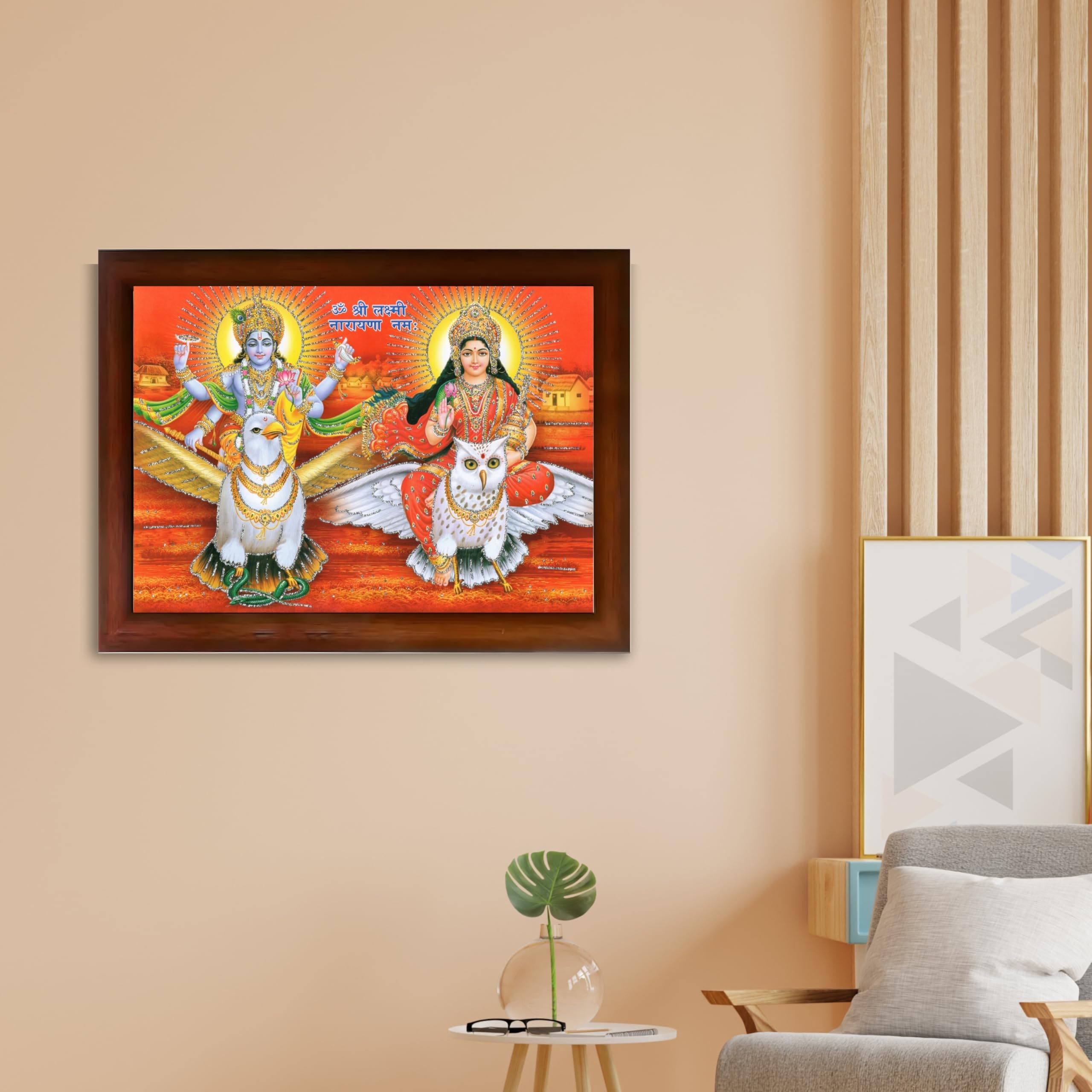 CRAFT QUEST Lord Vishnu and Goddess Lakshmi Giving Blessing on Garud Jii, Glitter Work Painting wooden frame