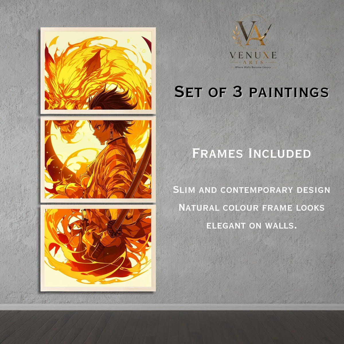 VENUXE ARTS Set Of 3 Anime Characters Wall Framed |Anime Characters Framed Poster for Living Room Bedroom Gaming Room Studio Wall Decor