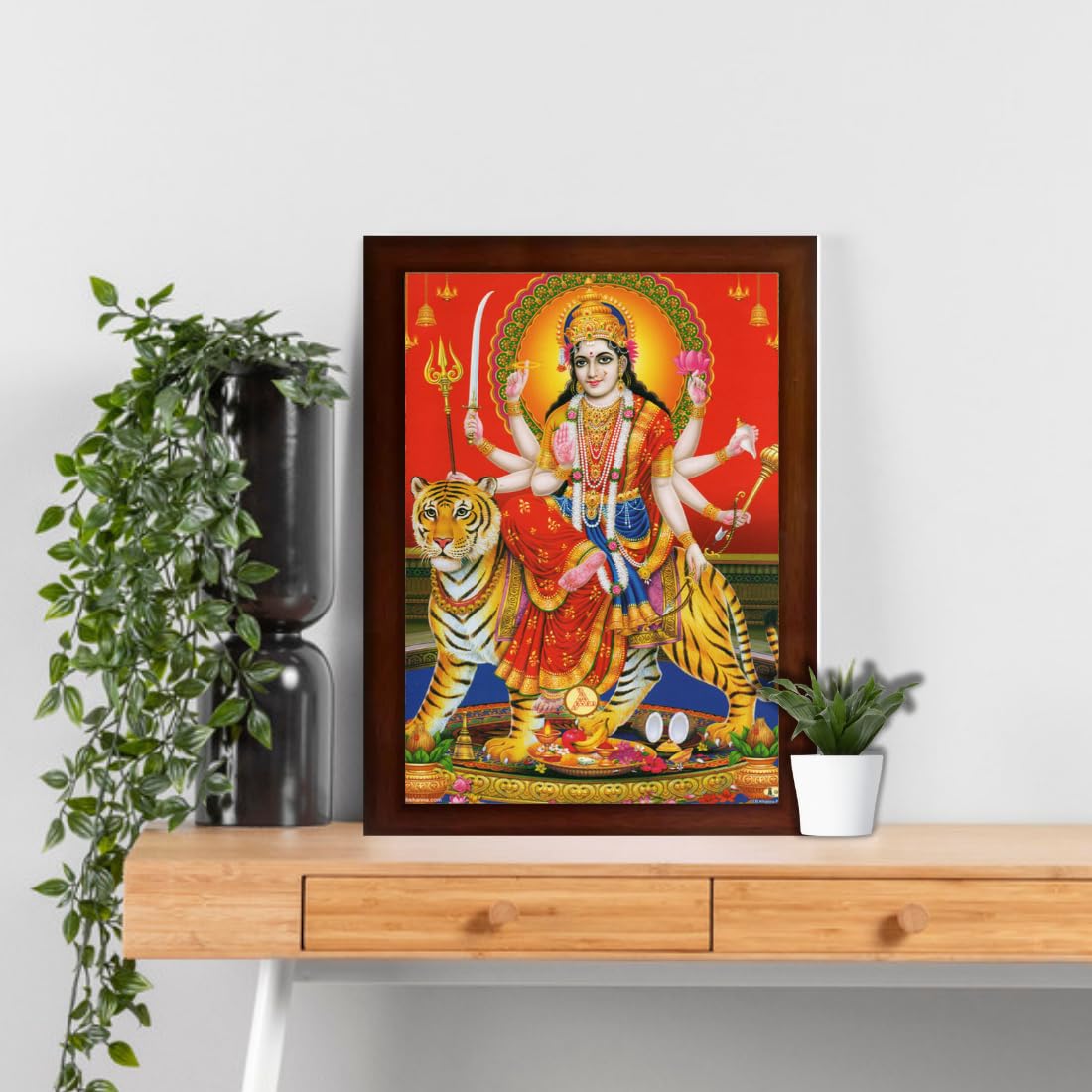 CRAFT QUEST Durga mata photo with frame, God Religious Framed Painting (Large Size, Brown 14 X 10 Inches. Multicolour)