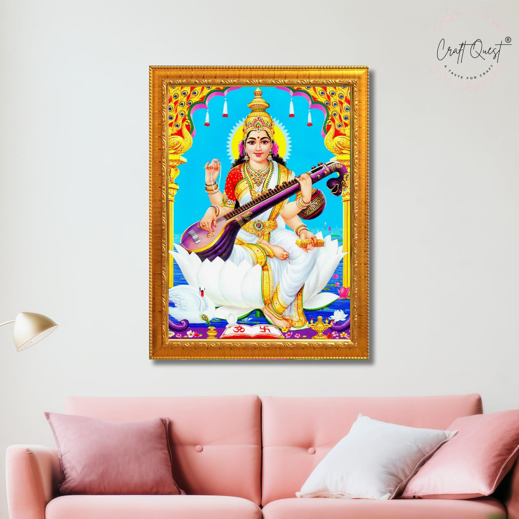 CRAFT QUEST Saraswati Devi Goddess Saraswathi Maa Wall Painting Sparkle Coated Framed Home Décor Synthetic wood Frame