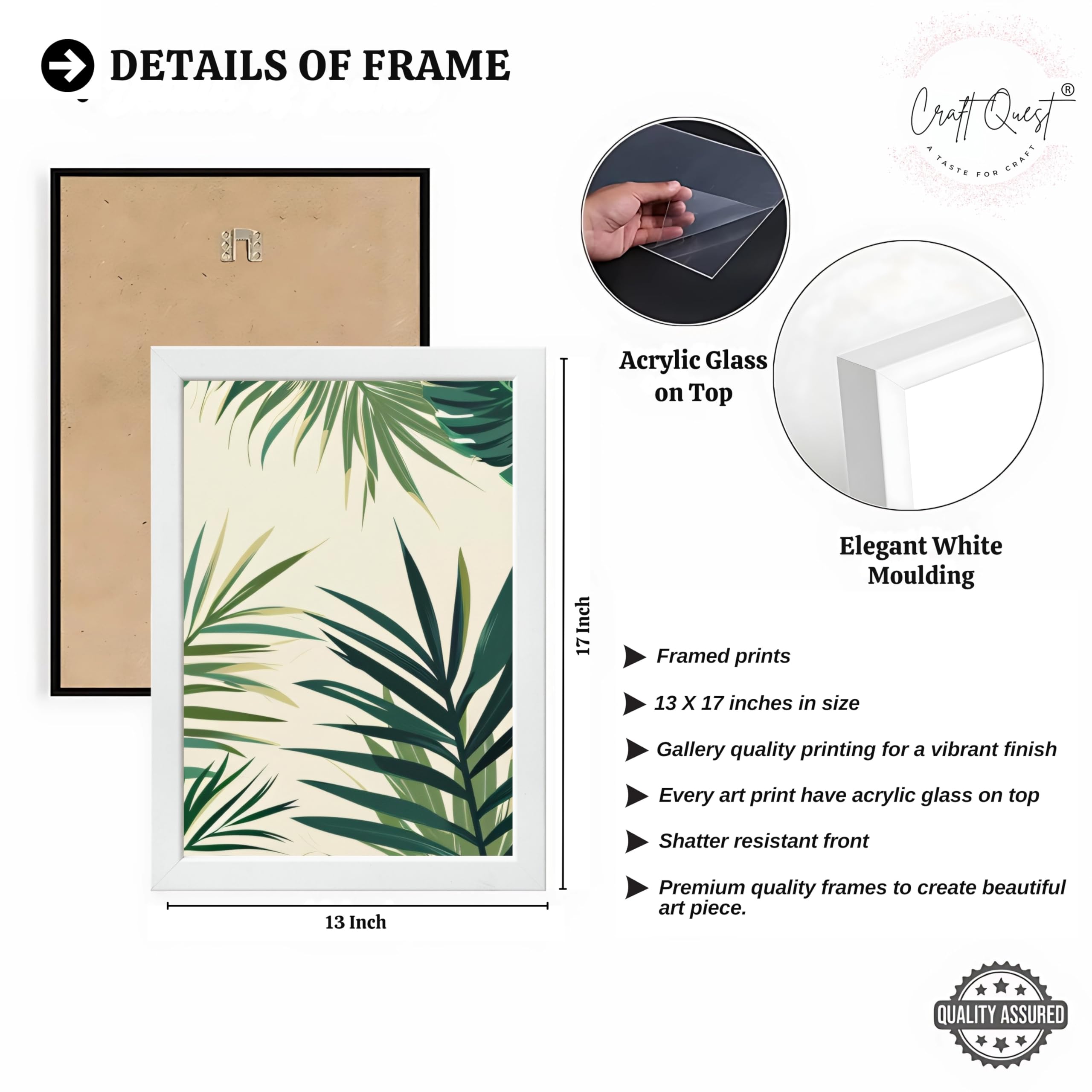 CRAFT QUEST Nature Inspired Tropical Palm Leaves Modern Wall Art | Set of 3 Frames for Home Decoration | Ideal for Living Room, Bedroom & Offices