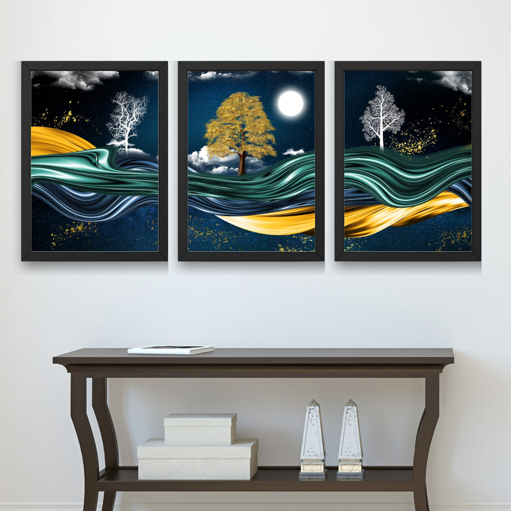 CRAFT QUEST Modern Art With Dark Blue Background & Golden Tree Wall Art | Set of 3 Frames for Home Decoration | Ideal for Living Room, Bedroom & Offices