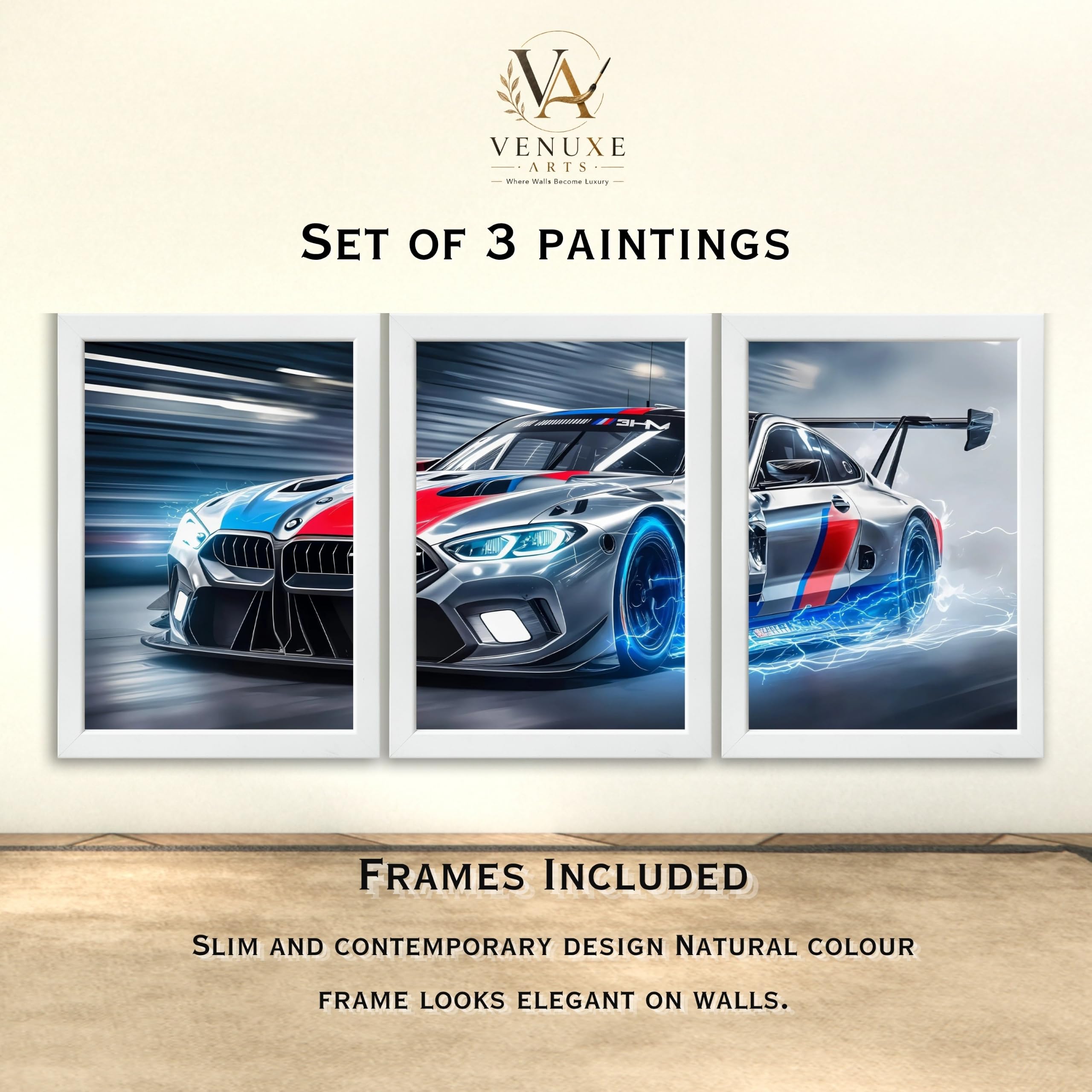VENUXE ARTS Set Of 3 Big Sports Cars Framed Posters Gift Items for Boys Room Wall Decoration Bedroom Living Room Office Studio Décor | Car Poster Frame for Wall Décor
