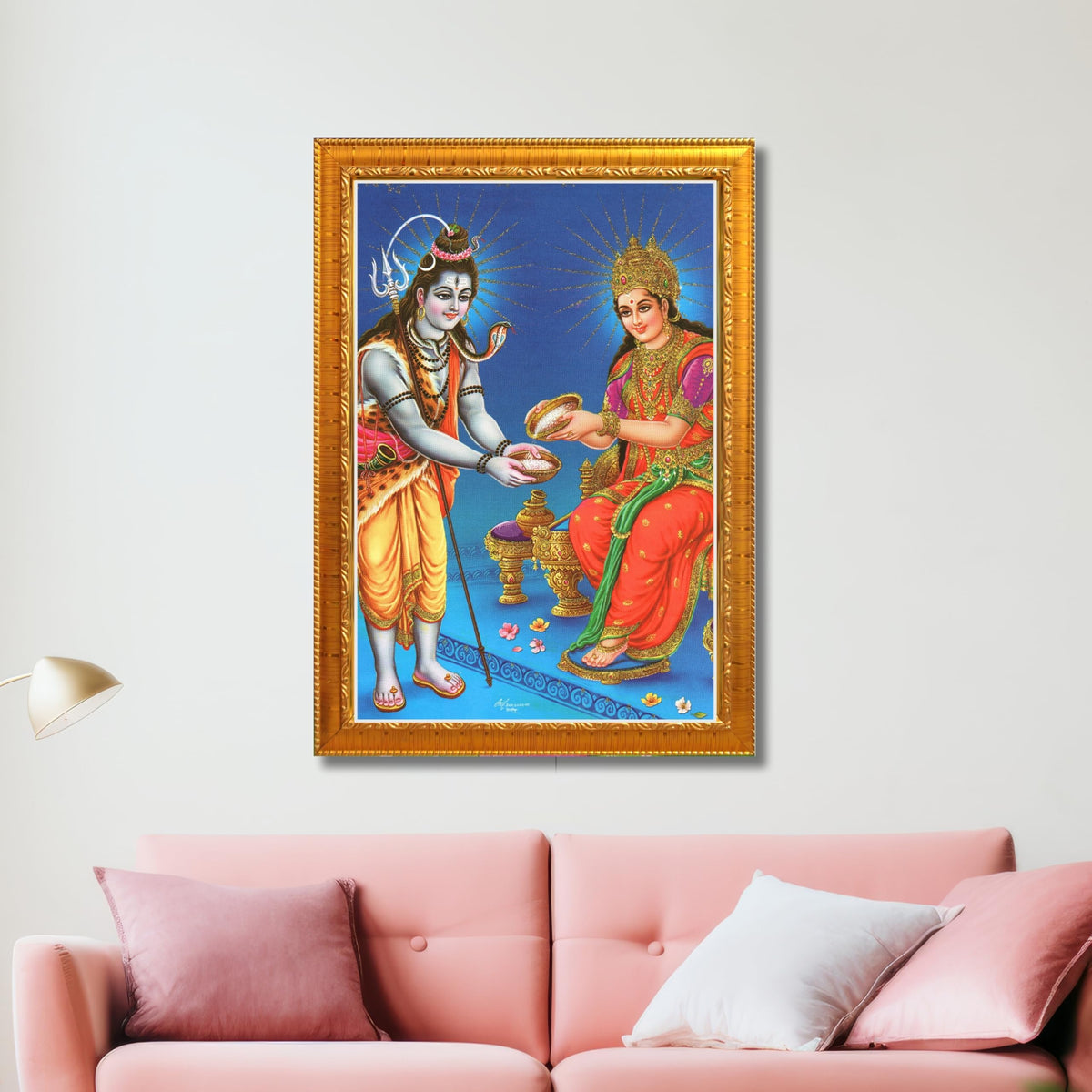 CRAFT QUEST Shiva & Maa Annapurna devi sitting on throne photo frame with Laminated Poster for Kitchen Worship