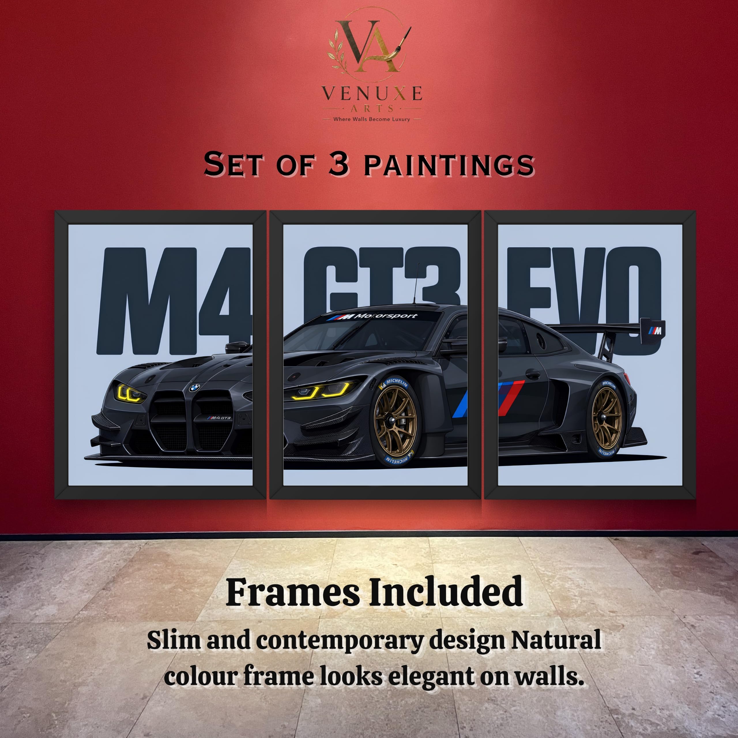 VENUXE ARTS Set Of 3 Big Sports Cars Framed Posters Gift Items for Boys Room Wall Decoration Bedroom Living Room Office Studio Décor | Car Poster Frame for Wall Décor