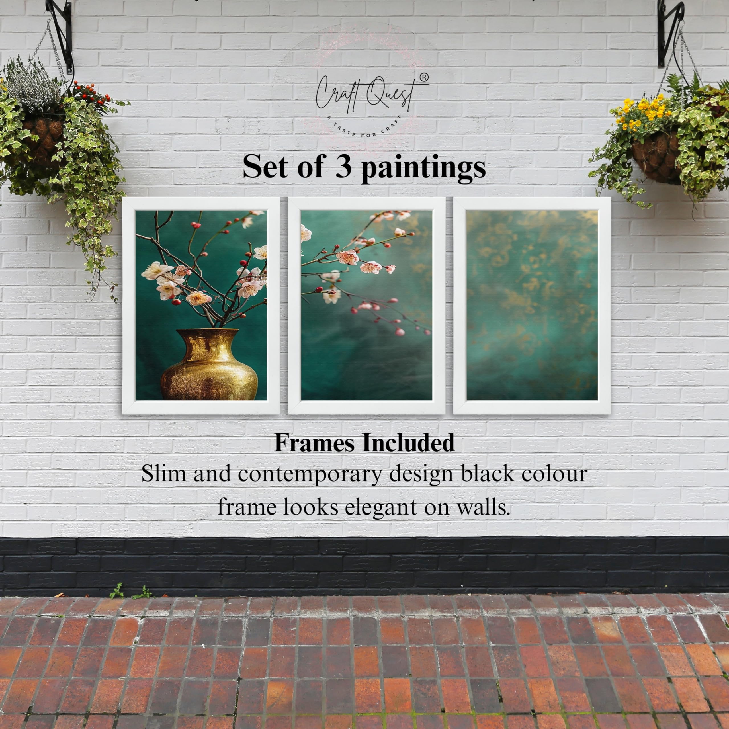 CRAFT QUEST Nature Inspired Flowers In Vase Modern Wall Art | Set of 3 Frames for Home Decoration | Ideal for Living Room, Bedroom & Offices