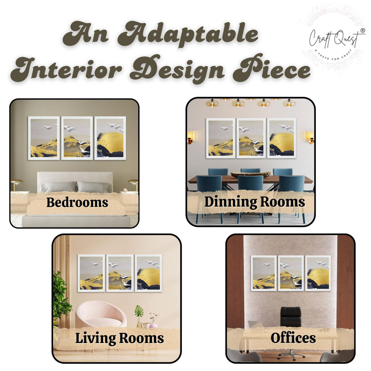 CRAFT QUEST Modern Art Abstract Porch Golden Wall Art | Set of 3 Frames for Home Decoration | Ideal for Living Room, Bedroom & Offices