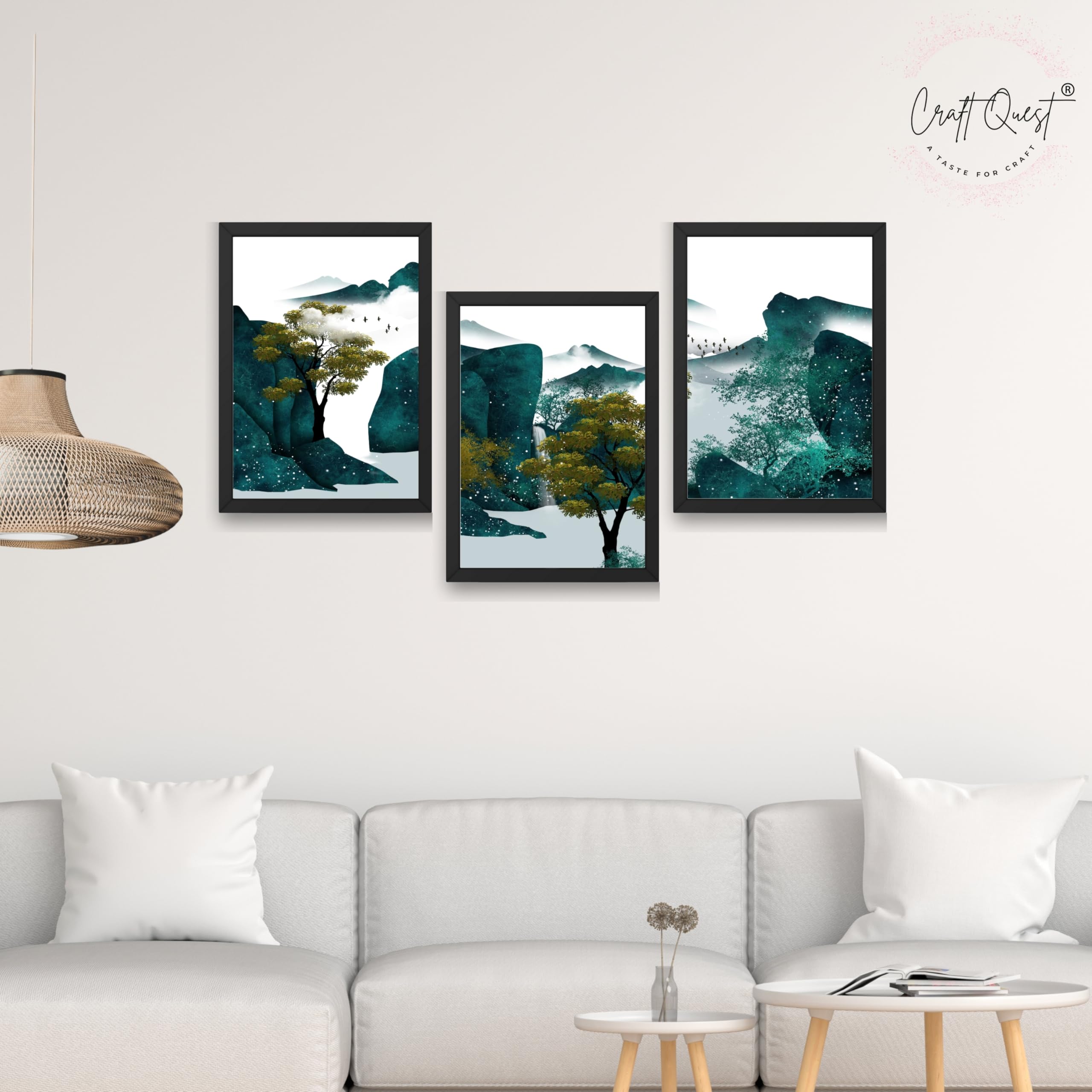 CRAFT QUEST Modern Art Ink Landscape Wall Art | Set of 3 Frames for Home Decoration | Ideal for Living Room, Bedroom & Offices