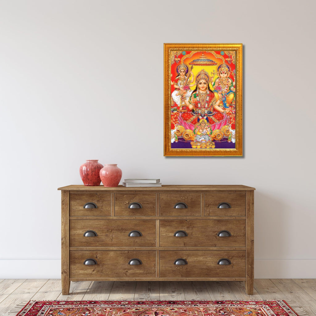 CRAFT QUEST Goddess Laxmi Ganesh Saraswati Religious God Hindu Photo Frame for Diwali,Temple, Pooja, Living Room Home and Decor Item