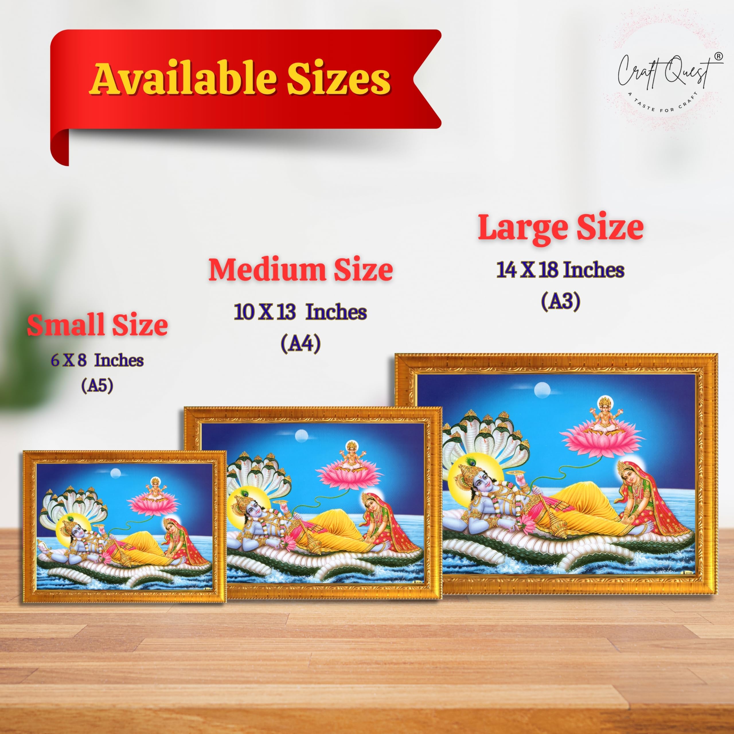 CRAFT QUEST Lord Vishnu and Goddess Lakshmi Giving Blessing on Shesh naag, landscape Glitter Painting with Golden Synthetic Frame