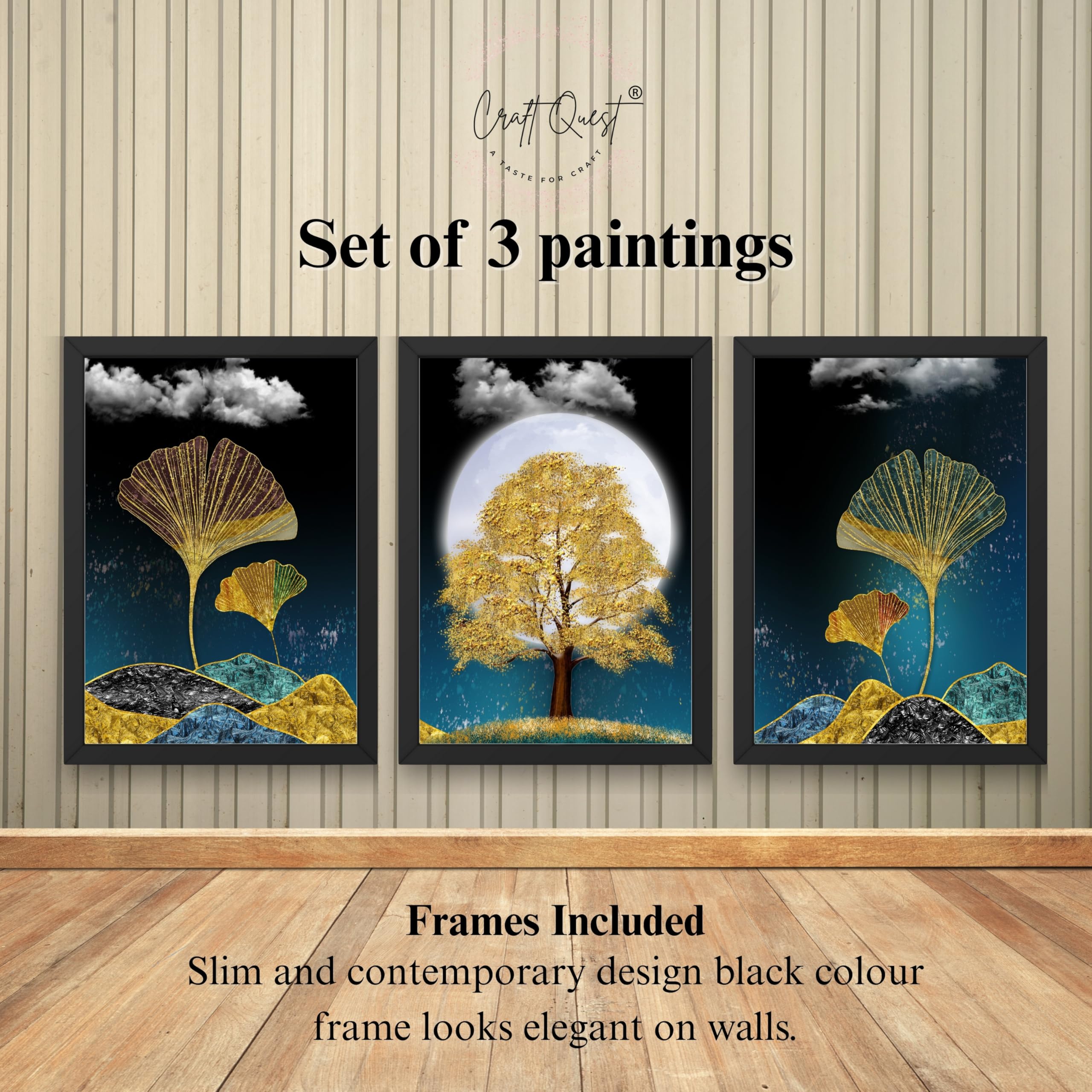 CRAFT QUEST Modern Art Mural With Golden Christmas Trees Wall Art | Set of 3 Frames for Home Decoration | Ideal for Living Room, Bedroom & Offices