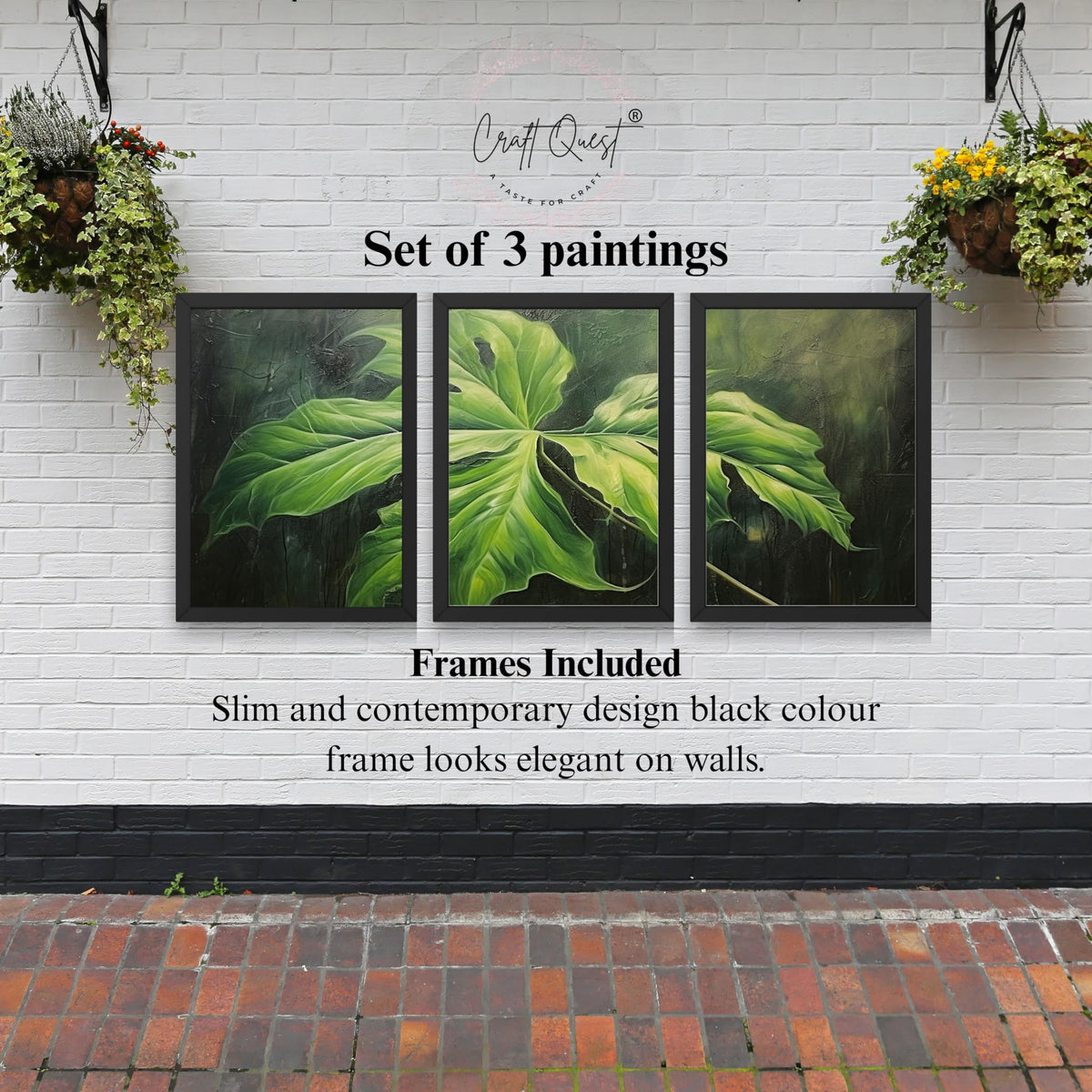 CRAFT QUEST Nature Inspired Painting Of Plant With Green Leaves Wall Art | Set of 3 Frames for Home Decoration | Ideal for Living Room, Bedroom & Offices