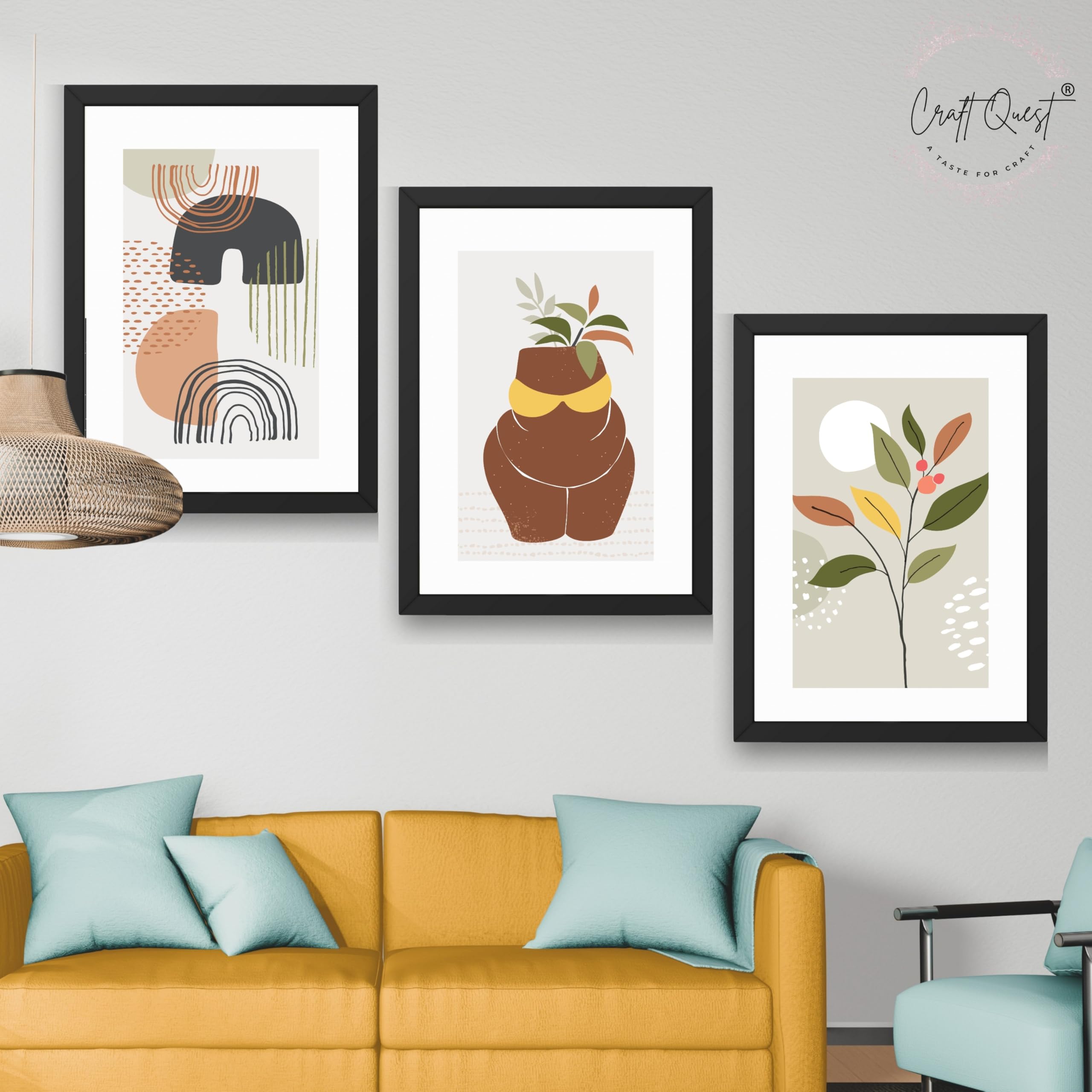 CRAFT QUEST Abstract Minimalist Art Modern Design | Set of 3 Frames for Home Decoration | Ideal for Living Room, Bedroom & Offices
